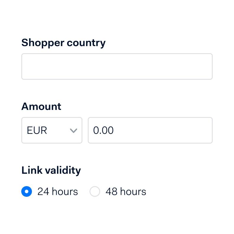 Adyen product interface showing options for shopper country, amount in EUR, and link validity of 24 or 48 hours.