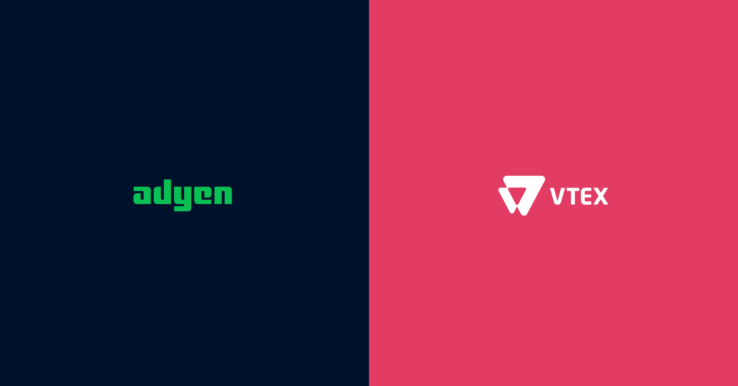 Logotipos da Adyen e VTEX em fundos azuis e rosas contrastantes