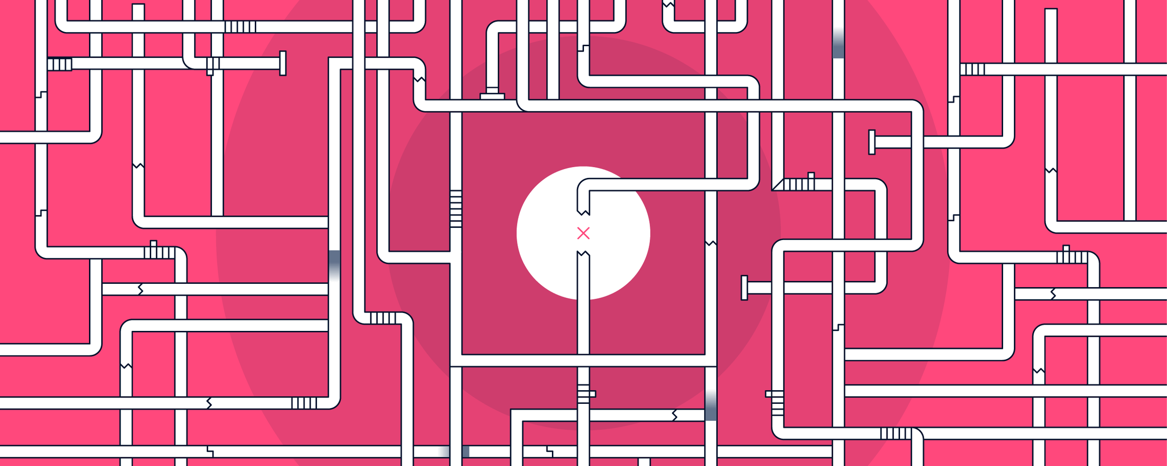 Abstract network of interconnected white lines on a pink background with a central round logo.