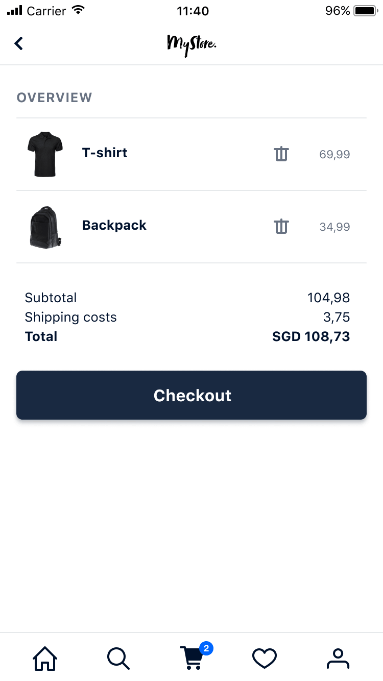 Mobile shopping cart screen with items for checkout including a T-shirt and backpack, displaying total cost in SGD.