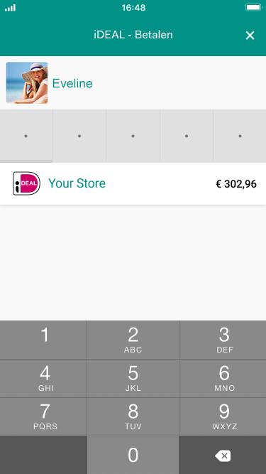 Schermo mobile che visualizza il processo di pagamento Adyen iDEAL con tastiera numerica