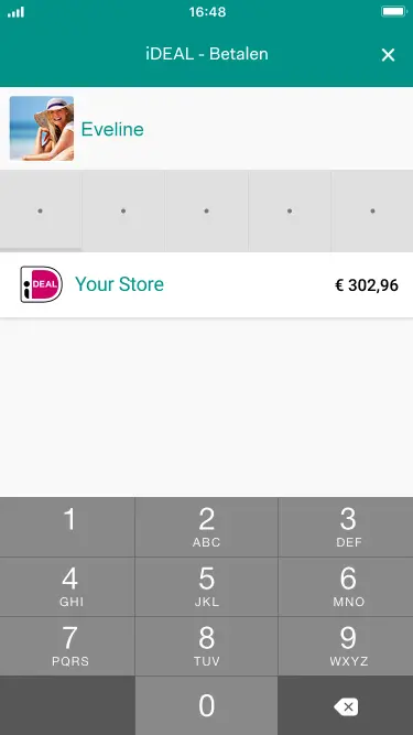 Mobile screen displaying Adyen iDEAL payment process with numerical keypad.