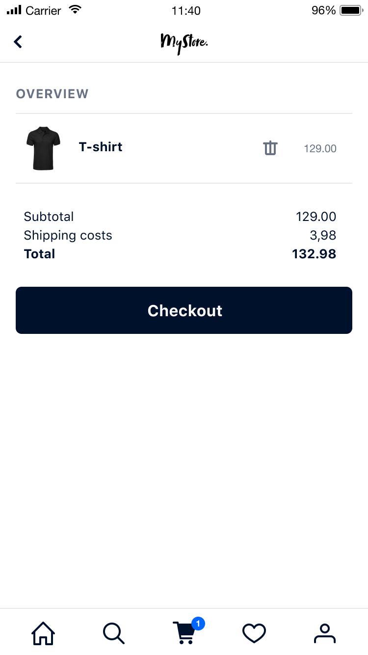 Mobile screen showing an Adyen checkout page with a T-shirt in the cart and total cost.