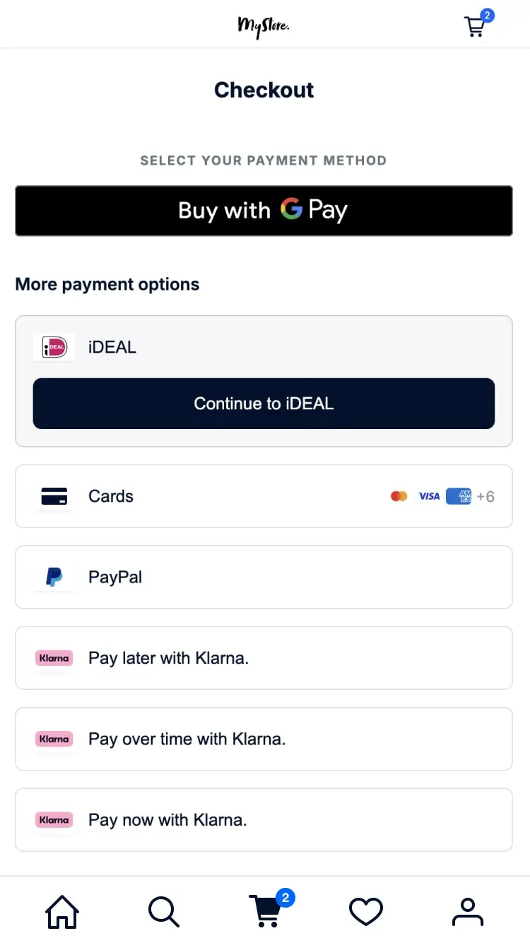 Écran mobile affichant les options de paiement, notamment SEPA Direct Debit, Paysafecard, Apple Pay, Alipay et d'autres.