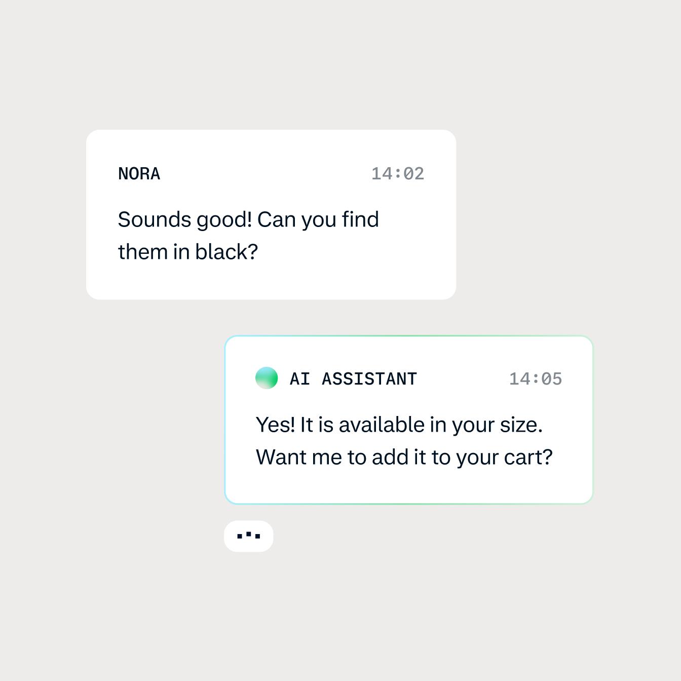 A chat interaction between AI bot and a customer looking for an item in the e-shop.