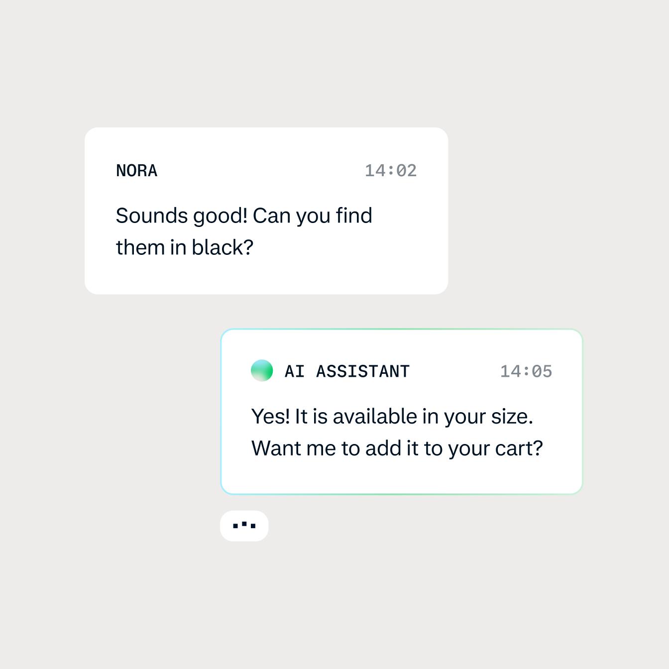 A chat interaction between AI bot and a customer looking for an item in the e-shop.