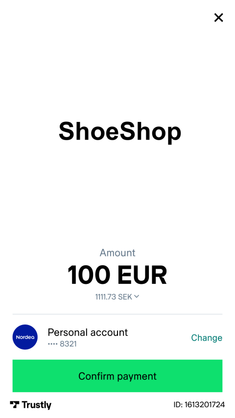 ShoeShop checkout screen with payment amount, method, and confirm payment button.