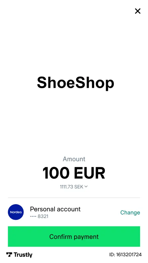 ShoeShop checkout screen with payment amount, method, and confirm payment button.