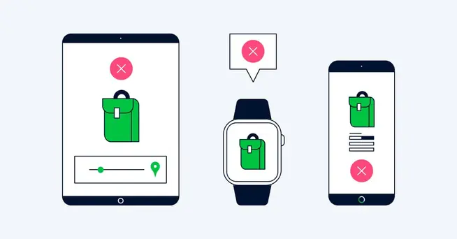 Different devices displaying a green bag icon with a red cross indicating an error or issue.