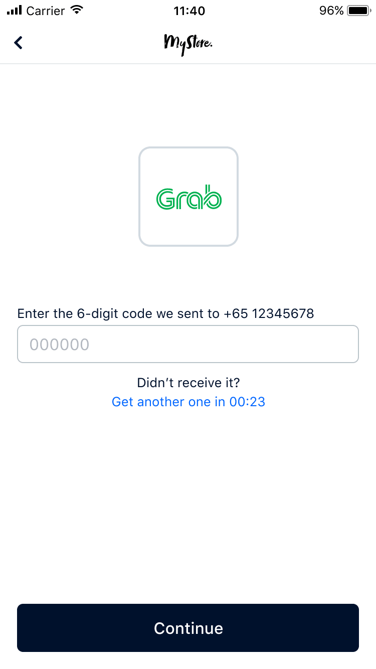 Mobile screen showing Grab payment method and a prompt to enter a 6-digit code sent to a provided number.