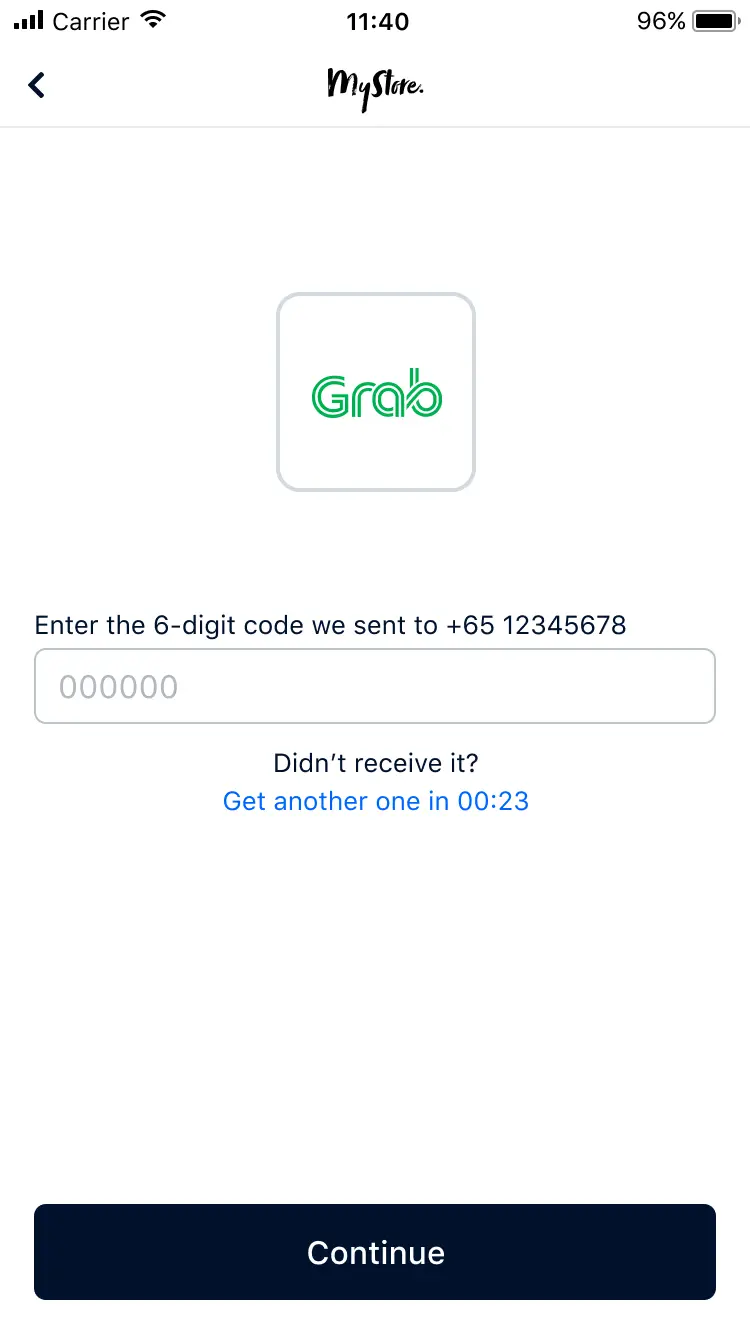 Mobile screen showing Grab payment method and a prompt to enter a 6-digit code sent to a provided number.