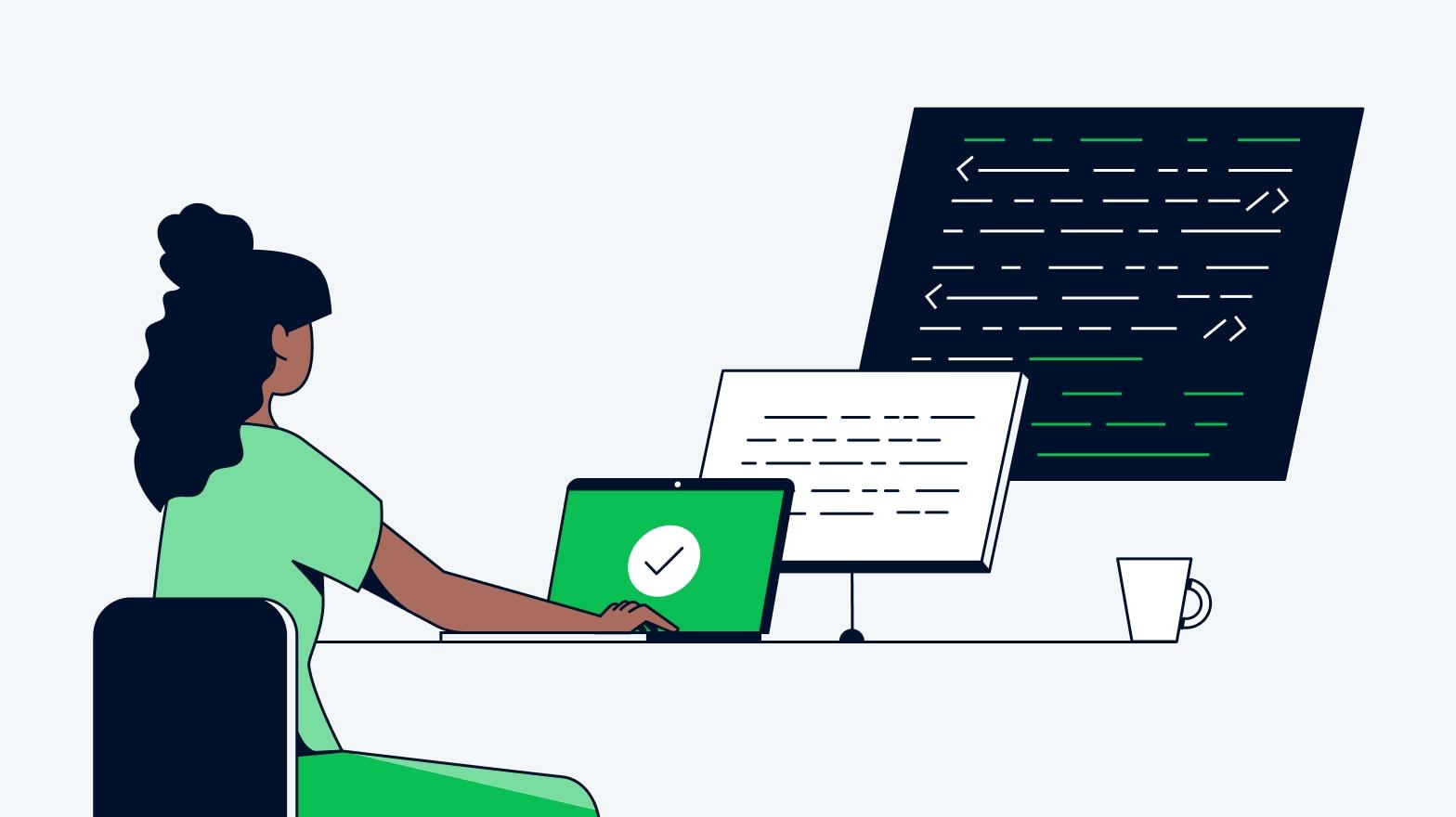 Illustration of a woman working on a laptop with a check mark on the screen and code on the monitor.