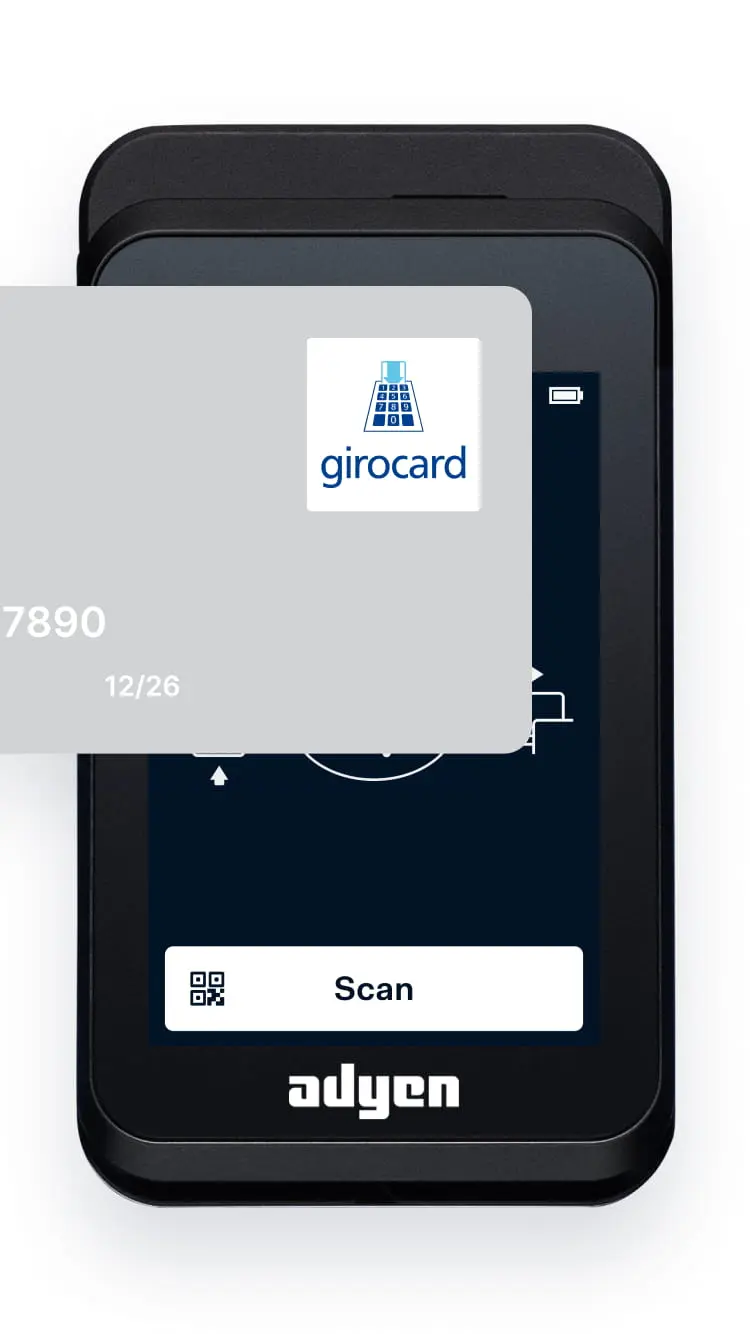Adyen payment terminal showing a girocard payment option on screen.