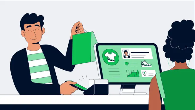 Cartoon of a cashier handing over a green bag to a customer with an Adyen checkout screen in the background.