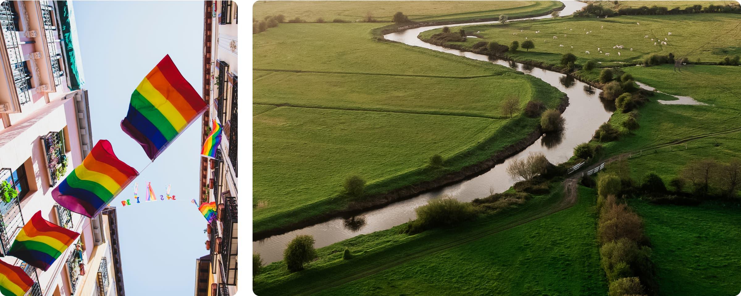 Pride flags hanging between European-style buildings under a clear sky, and a winding river through green fields with grazing sheep.