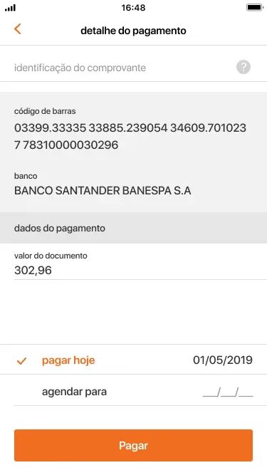 Payment details screen with a barcode number, bank name, and document value ready for payment.