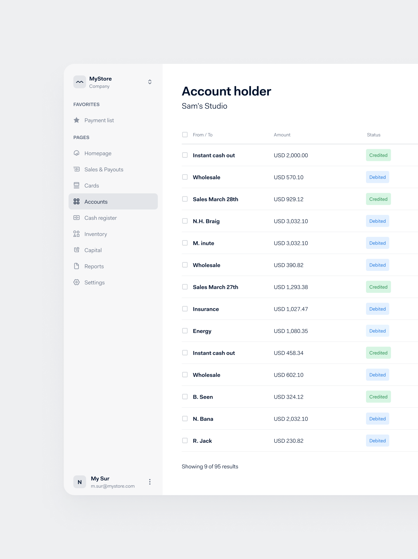 Adyen UI showing account holder payment list with transaction statuses.