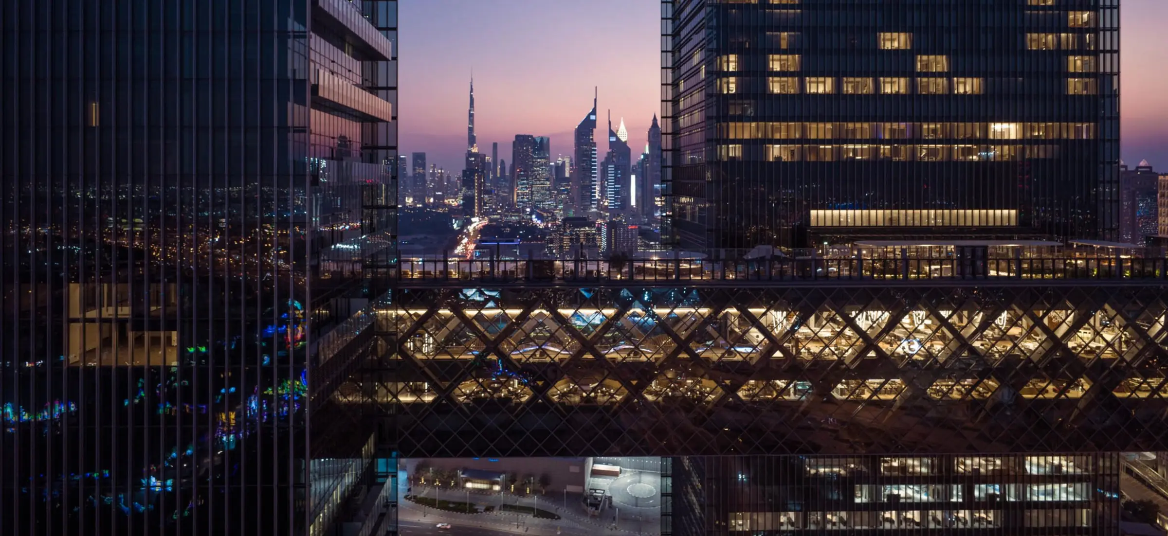 One Zaabeel restaurant illuminated at night.