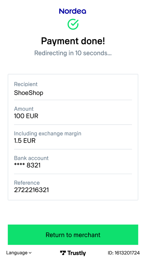 Successful payment confirmation screen with details for a purchase at ShoeShop for 100 EUR using Trustly.