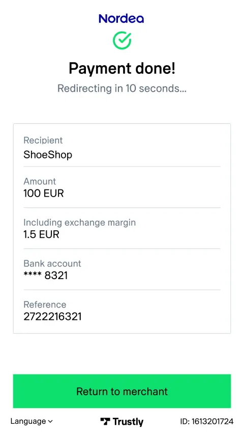Successful payment confirmation screen with details for a purchase at ShoeShop for 100 EUR using Trustly.