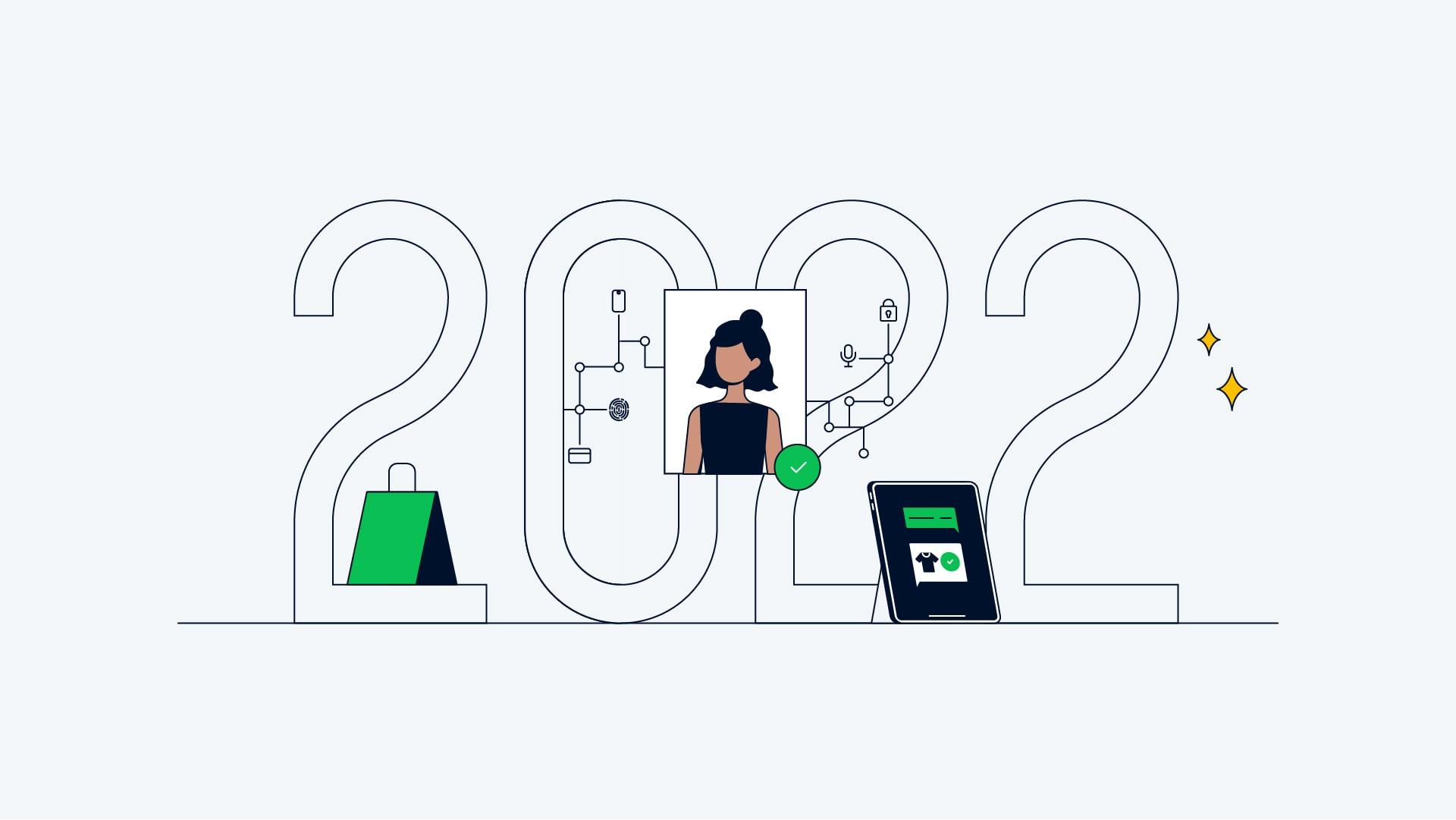 Stylized number 2022 with digital payment icons, a woman avatar, a shopping bag, and a laptop.
