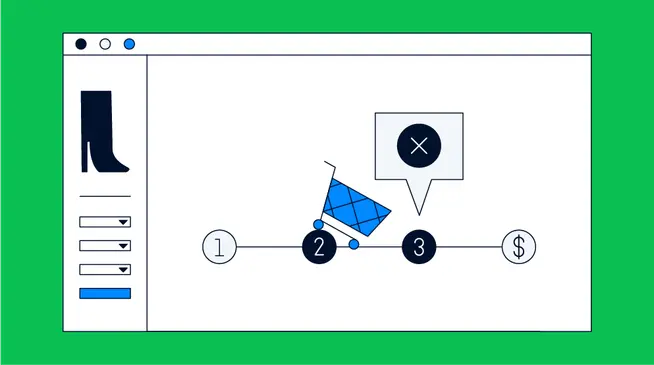 Stylized online shopping steps with a selection of a boot, shopping cart, error message, and payment symbol.