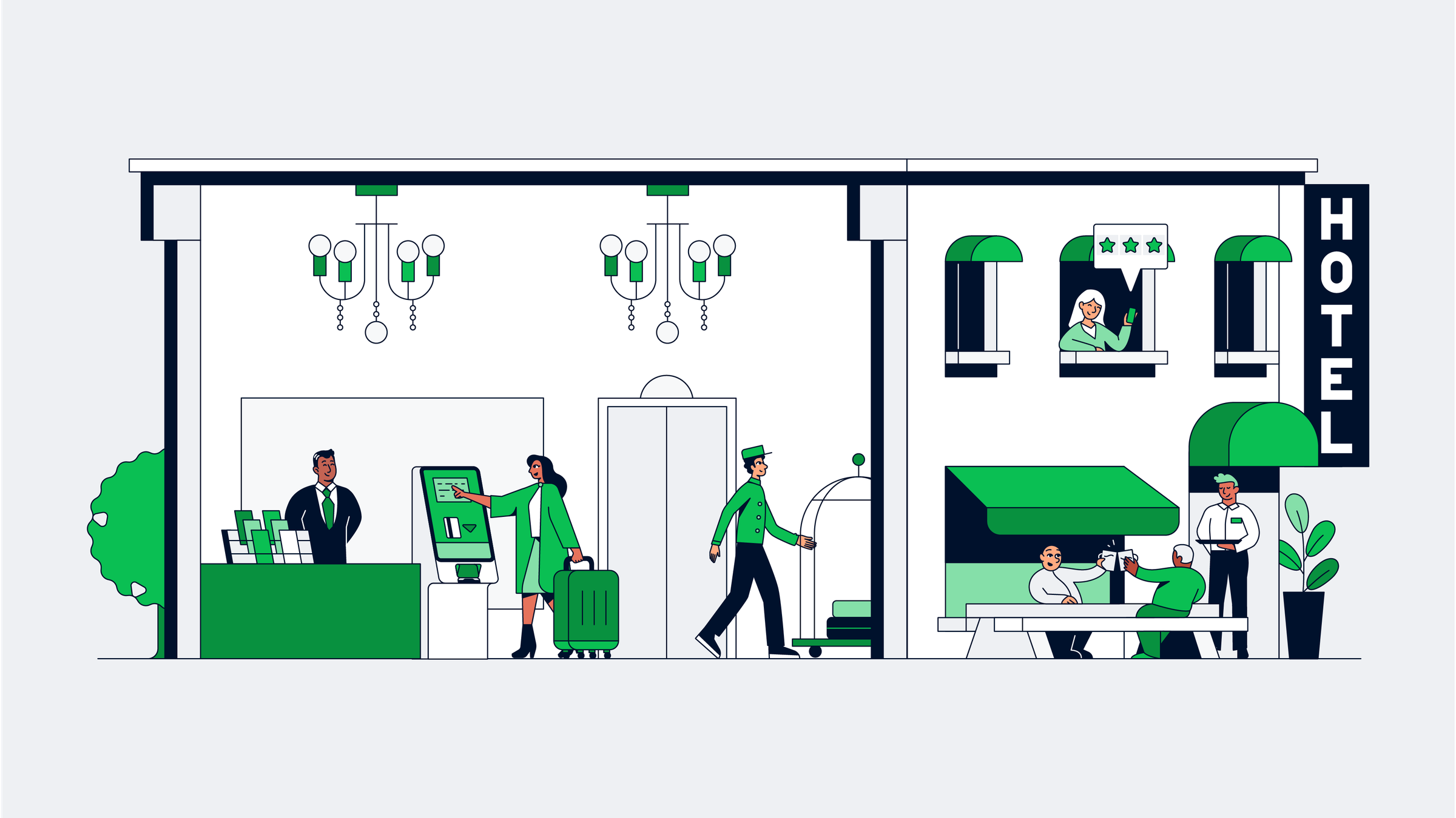Illustrazione che mostra varie attività in un albergo, tra cui il check-in, l'assistenza ai bagagli e la ristorazione.