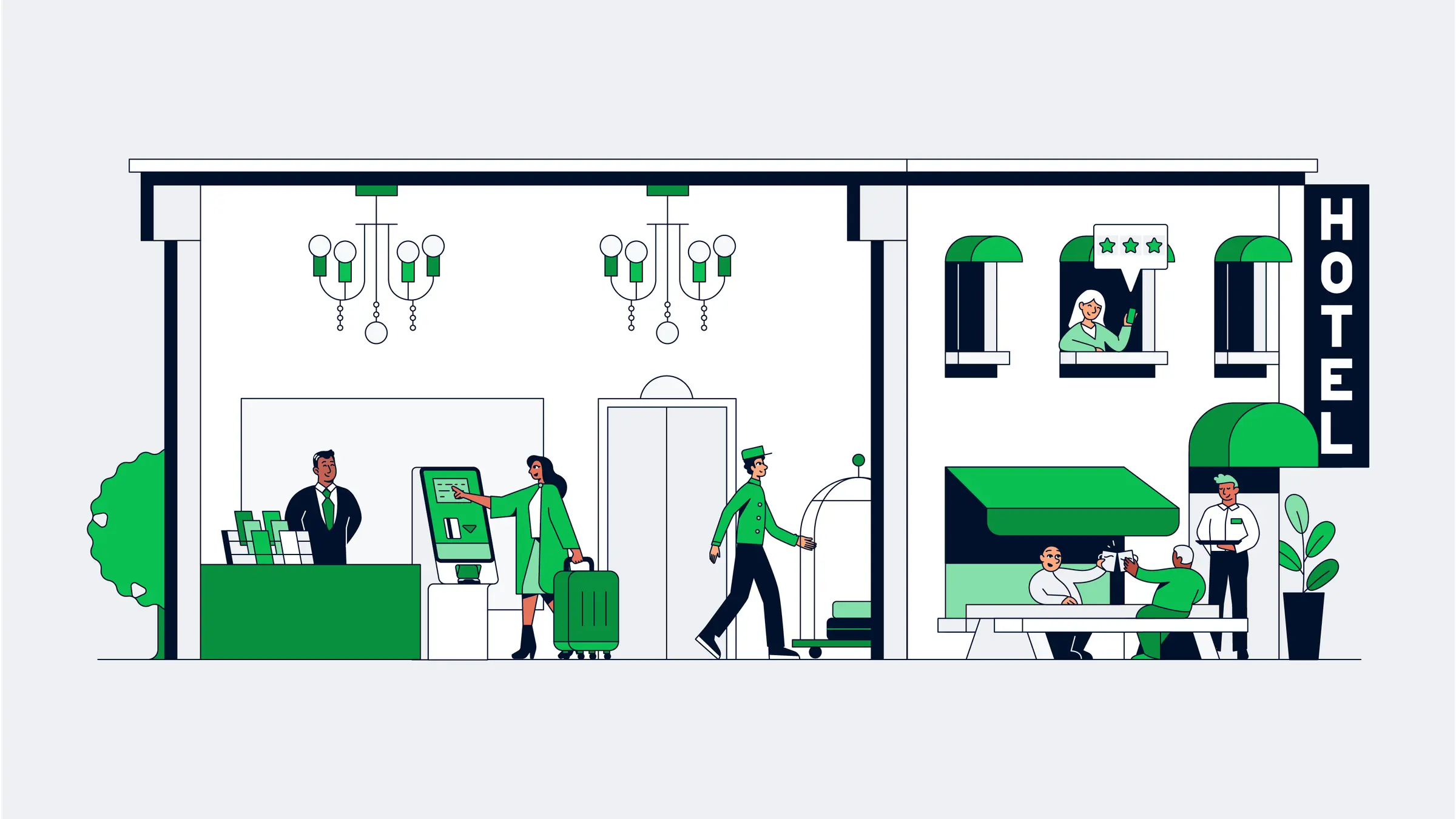Illustration montrant diverses activités dans un hôtel, notamment l'enregistrement, l'assistance bagages et le service de restauration.