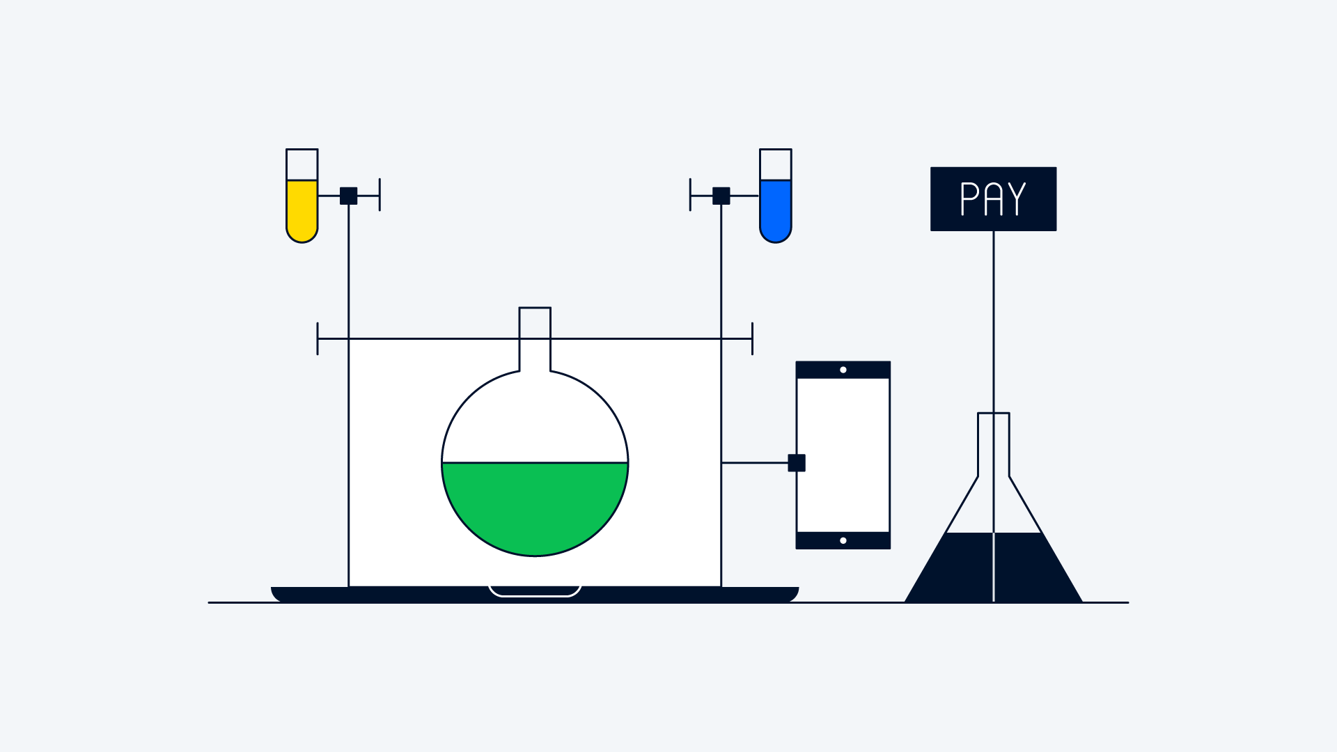 Illustrazione stilizzata di un laboratorio con provette, tubi di prova e un cartello 'PAGA'.