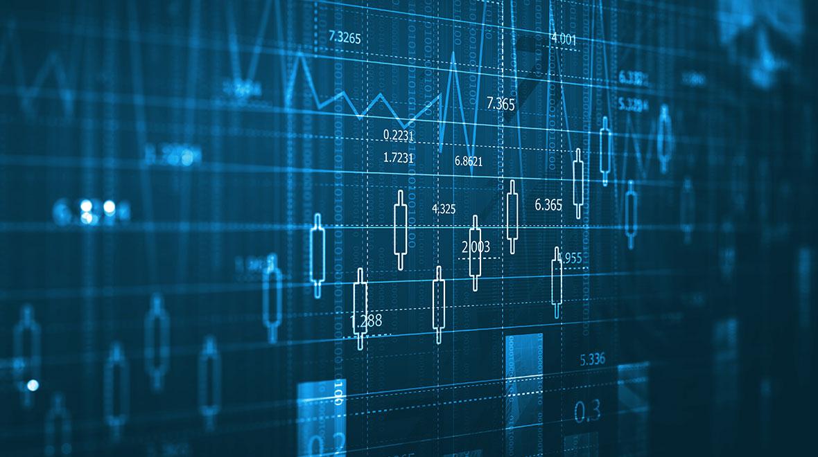 Digital financial data visualization with candlestick charts over a dark blue background.