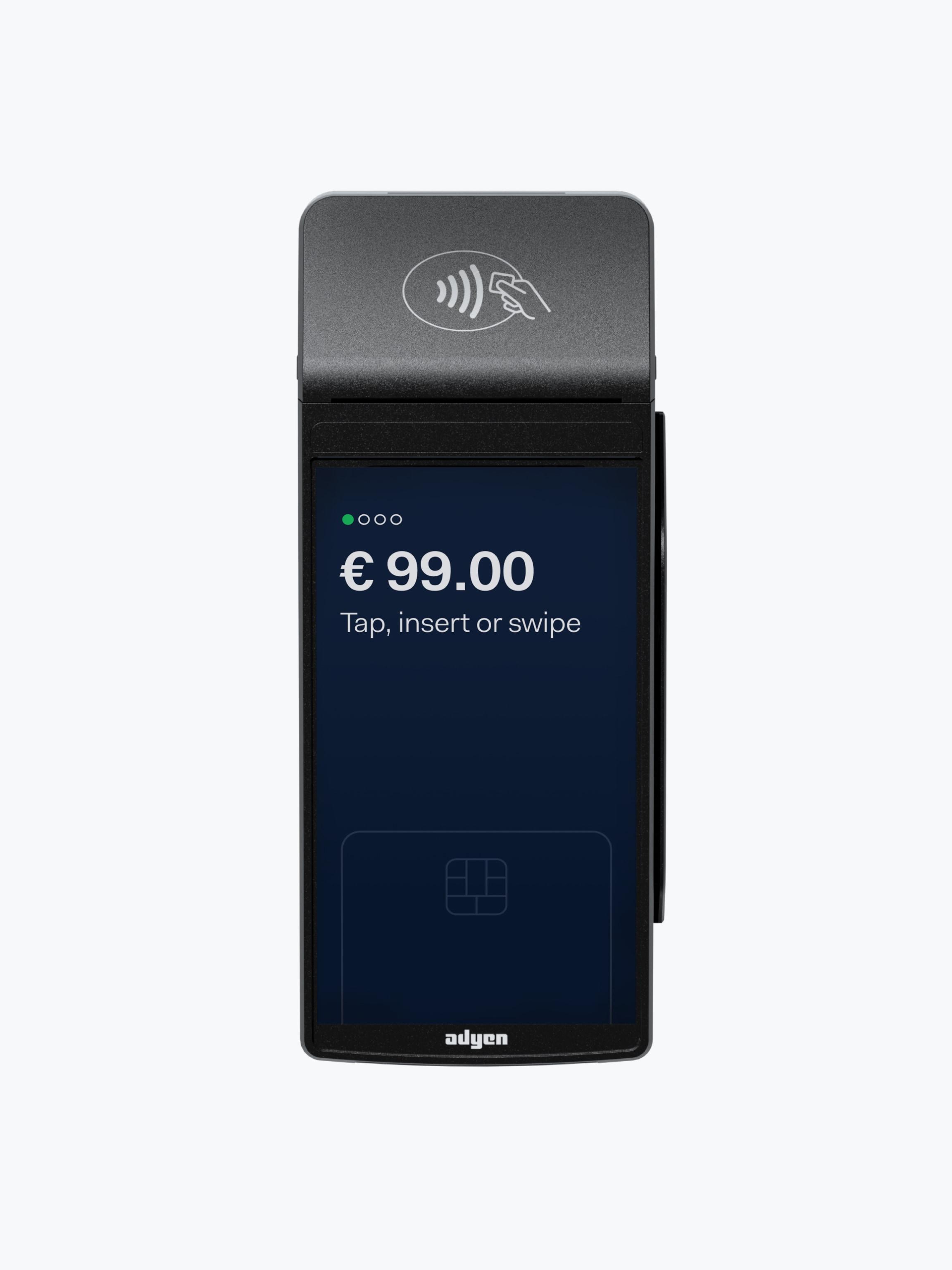 Adyen payment terminal showing a transaction amount of SGD 99.00.