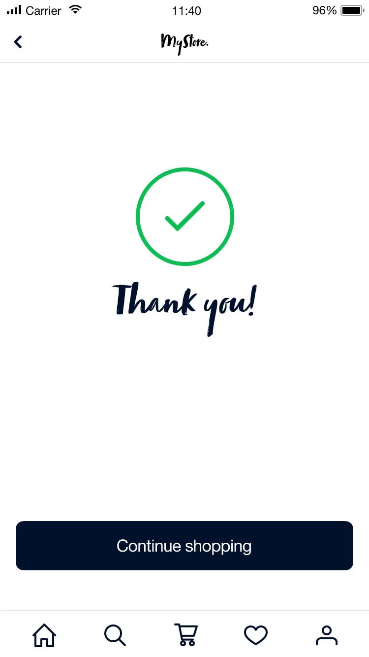 Confirmation screen with a check mark and 'Thank you!' message on a mobile store app.