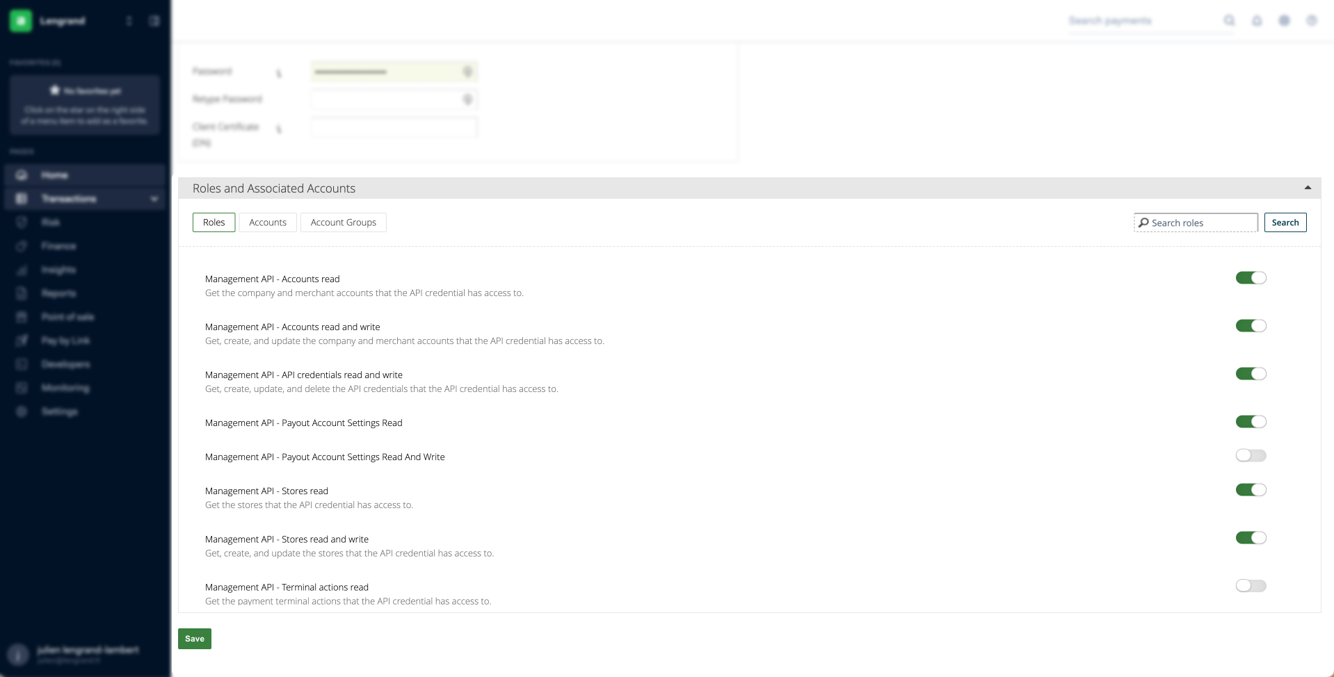 A screenshot of the customer area when creating a new webservice user. Here we are selecting the desired roles needed to perform actions