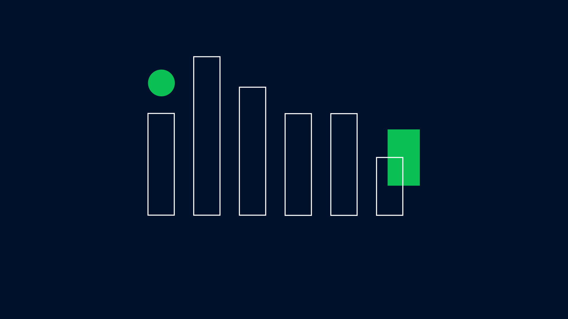 Abstract bar graph with a green circle and square on a dark background.