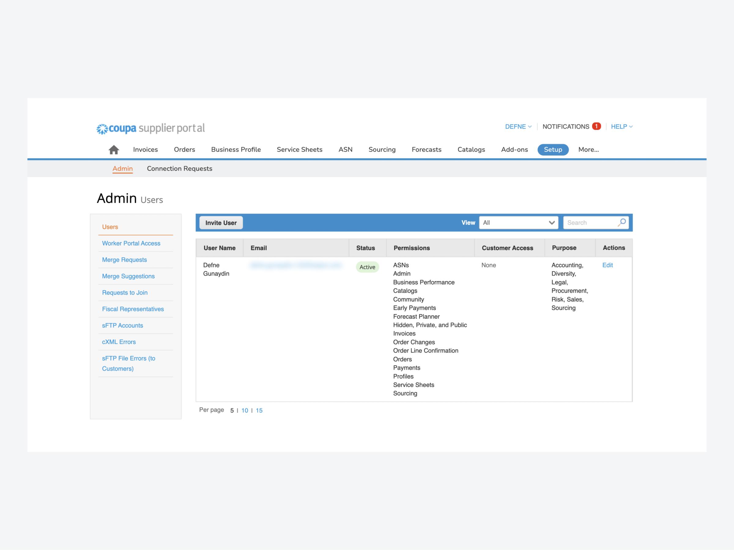 Screenshot of UI user page of vendor supplier portal Coupa
