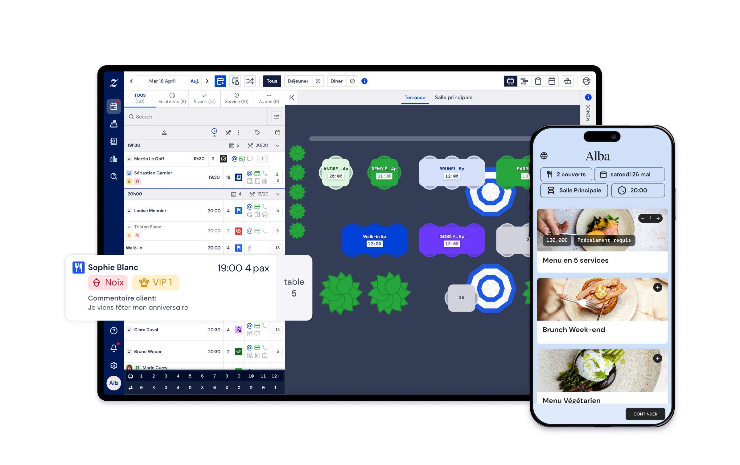 Système de réservation de tables sur téléphone et tablette affichant les dispositions de sièges.