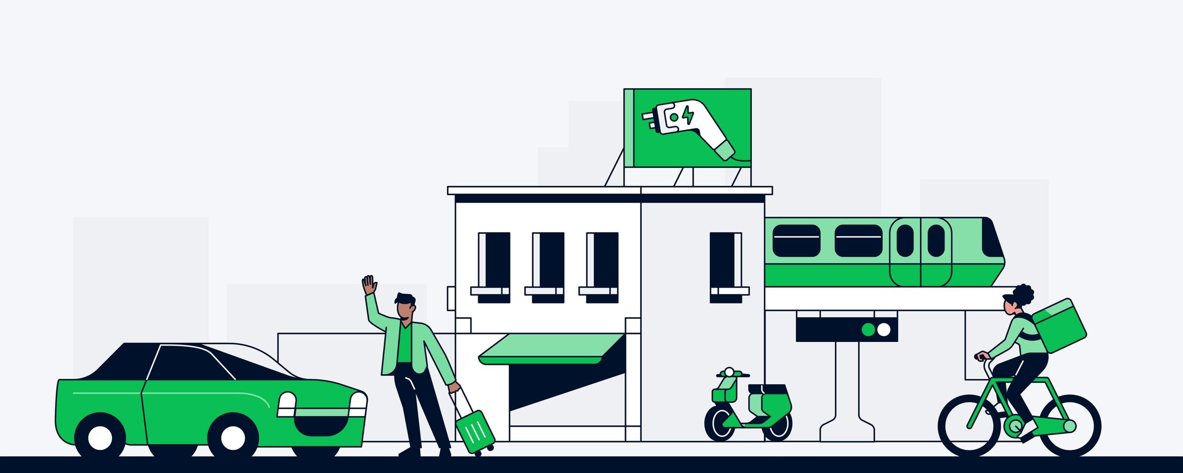 Different modes of mobility in a city including car, scooter, bike and train.