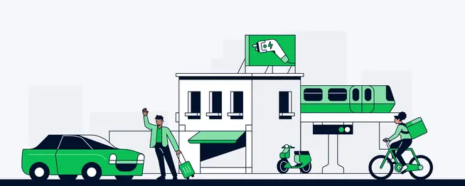 Forskellige former for mobilitet i byen inklusive bil, scooter, cykel og tog