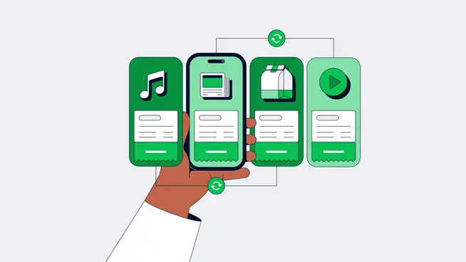 Una mano que sostiene pantallas de teléfono con suscripciones de aplicaciones recurrentes.