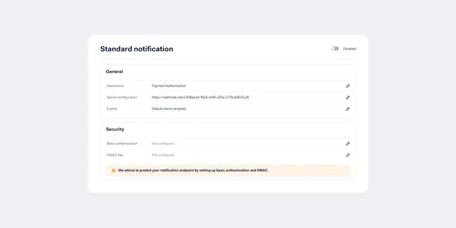 Adyen standard notification settings panel with security recommendations.