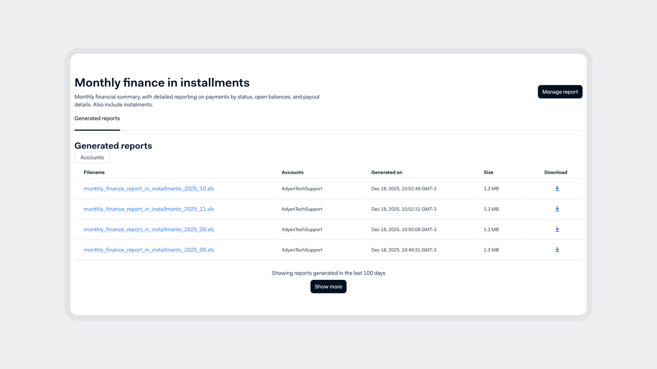 Dashboard showing monthly finance reports with download links for generated report files.