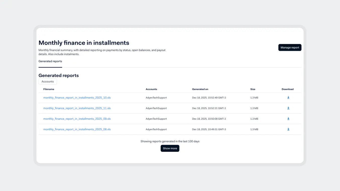 Dashboard showing monthly finance reports with download links for generated report files.