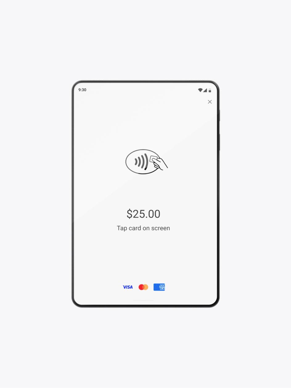 Mobile payment terminal showing a contactless payment prompt for SGD 25.00 with Visa and Mastercard logos.