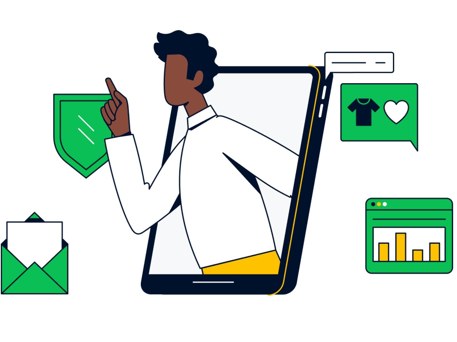 Illustration of a person emerging from a smartphone screen pointing at various digital icons.