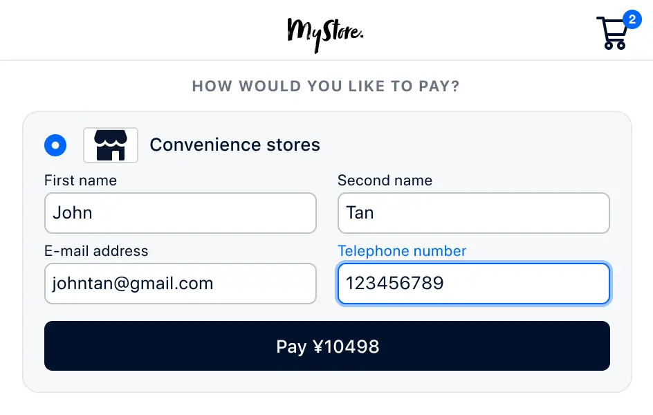Online-Zahlungsbildschirm mit ausgewählter Convenience-Store-Option und Feldern für persönliche Daten und Betrag