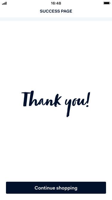 Mobile screen showing a 'Thank you' message on a success page with a 'Continue shopping' button.
