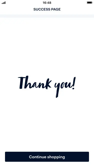 Ecrã móvel a mostrar uma mensagem de 'Obrigado' numa página de sucesso com um botão 'Continuar a comprar'