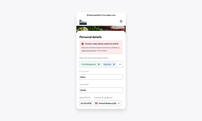 Adyen platform screen showing an alert for unverified decision-maker details with fields to enter personal information.