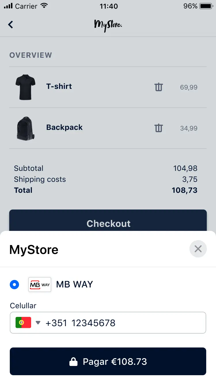 Smartphone screen showing checkout process with items listed and a payment option selected.