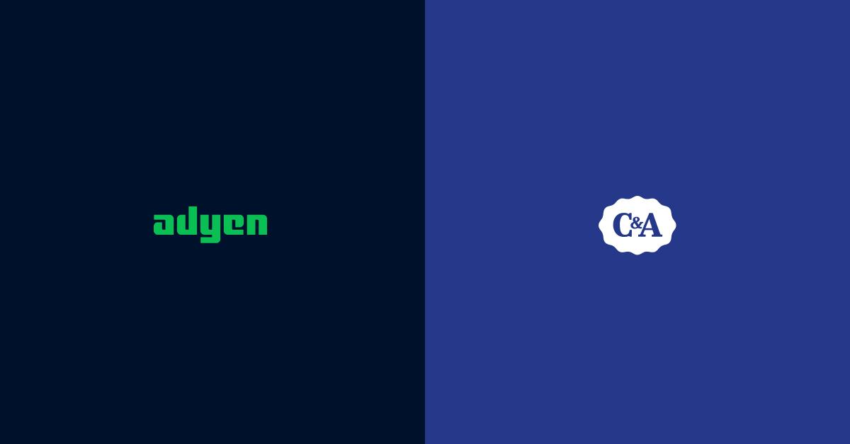 Logotipos Adyen e C&A em fundo azul dividido